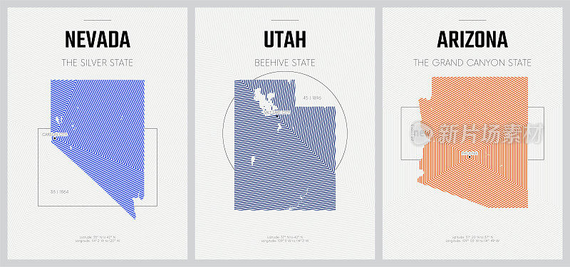 矢量海报详细的轮廓地图的美国与抽象的线性模式，Division Mountain - Nevada, Utah, Arizona - set 14 of 17